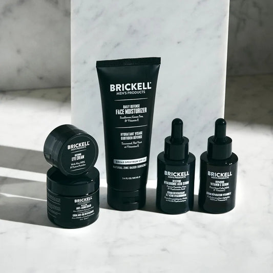 Brickell Men's Complete Defense Anti Aging Routine, Night Face Cream, Day & Night Serum, Facial Moisturizer w/SPF & Eye Cream, With Hyaluronic Acid, Peptides, and Vitamin C, Scented