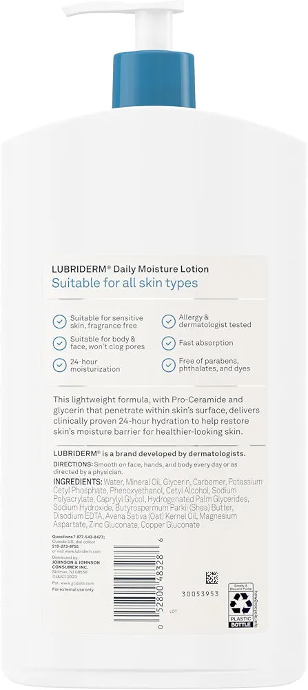 Lubriderm Daily Moisture Fragrance-Free Body Lotion with Pro-Ceramide, Shea Butter, and Glycerin for Dry Skin, 24 Fl Oz