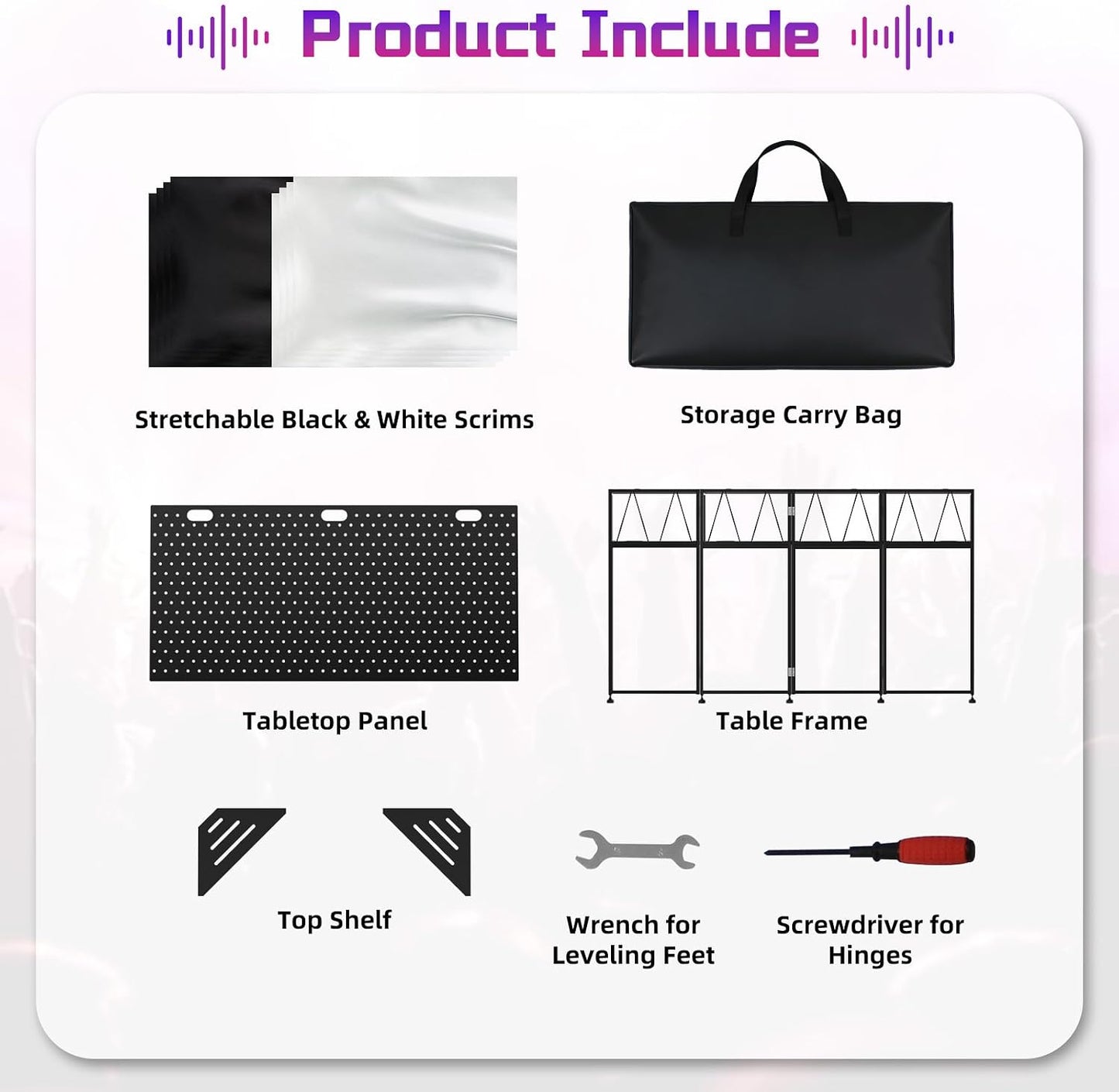 Portable DJ Booth Facade Stand, DJ Table Stand, DJ Facade Booth with White & Black Scrims, Includes Carry Bag & Two Top Corners Table, Tool-Free Setup, for Parties, Events, Studios (40"L x 20"W)