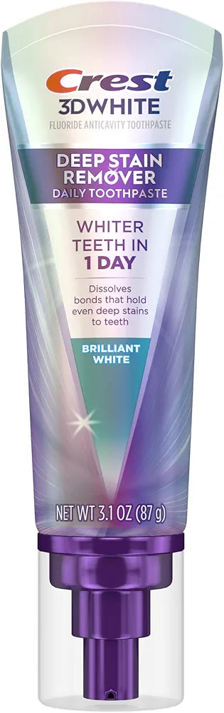 Crest 3D White Deep Stain Remover Toothpaste, Teeth whitening for Adults, 3.1oz, 2 Pack, Sensitivity Safe, Enamel Repair, Cavity Protection, Fluoride Toothpaste, Travel Size Toiletries
