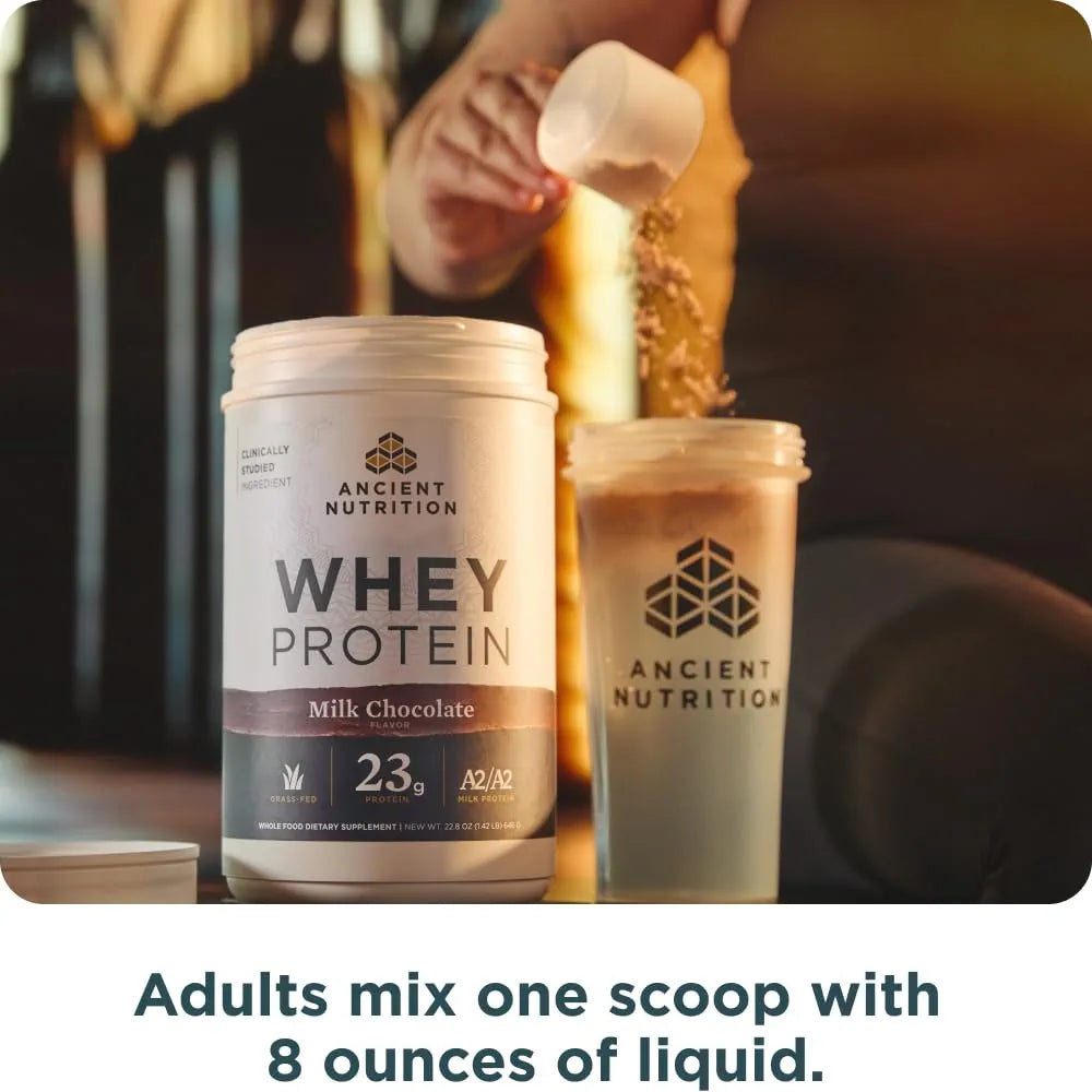 Ancient Nutrition Grass Fed Whey Protein, Milk Chocolate, 23g Protein, 20 Servings, Hydrolyzed Collagen Peptides, Organic Regenerative A2/A2 Milk Protein