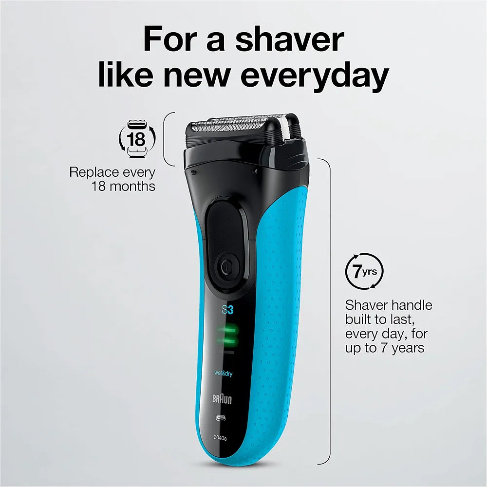 Braun Series 3 Electric Foil Shaver for Men with Precision Trimmer, Rechargeable Wet & Dry Use, Blue/Black, 4-Piece Set