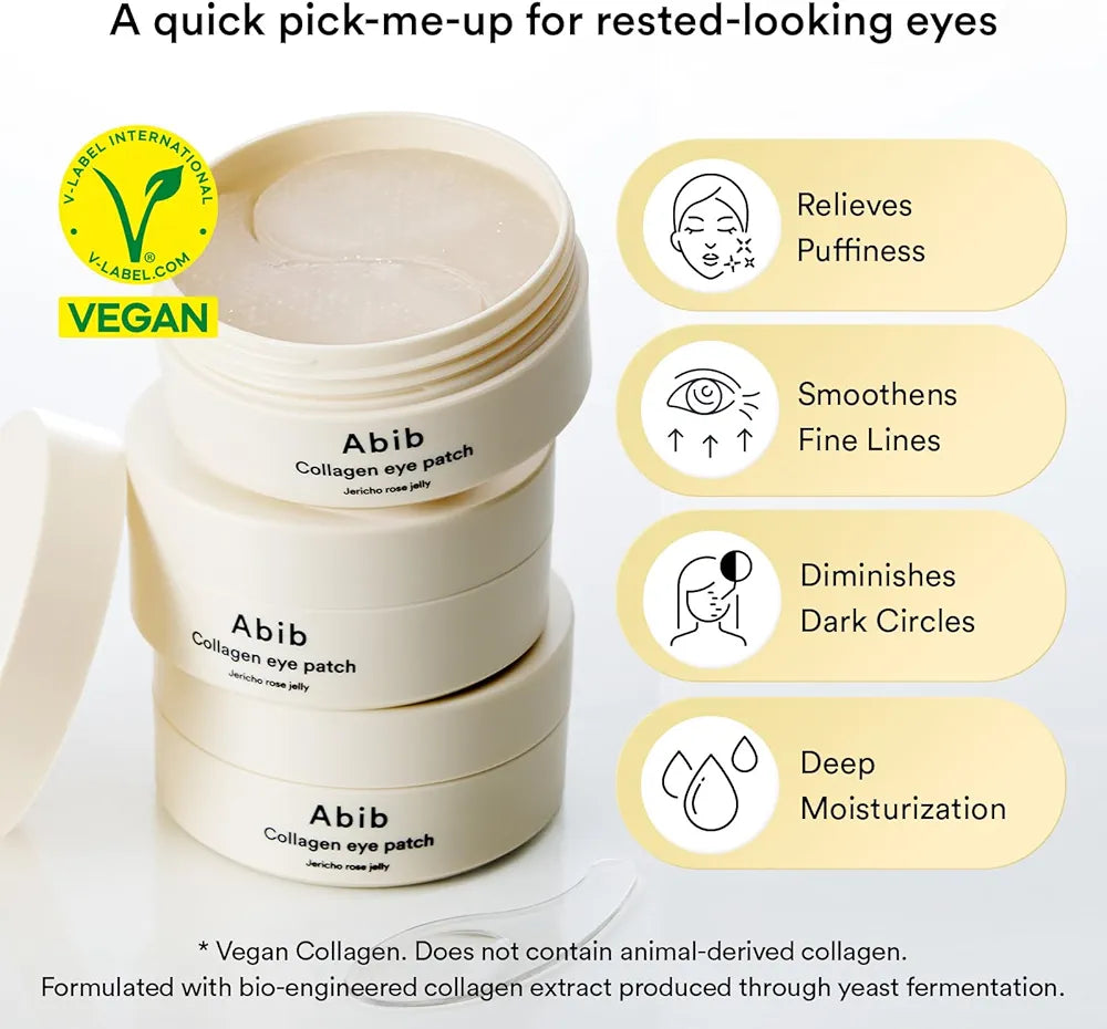 Abib Vegan Collagen Eye Patches for Wrinkles & Fine Line with Jericho Rose Jelly & Peptides, 60 Count, Korean Skin Care