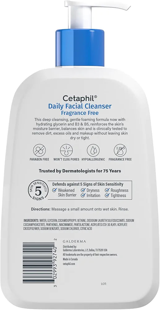 Cetaphil Face Wash, Daily Facial Cleanser for Sensitive, Combination to Oily Skin, 16 Oz, Fragrance Free, Gentle Foaming, Soap Free, Hypoallergenic