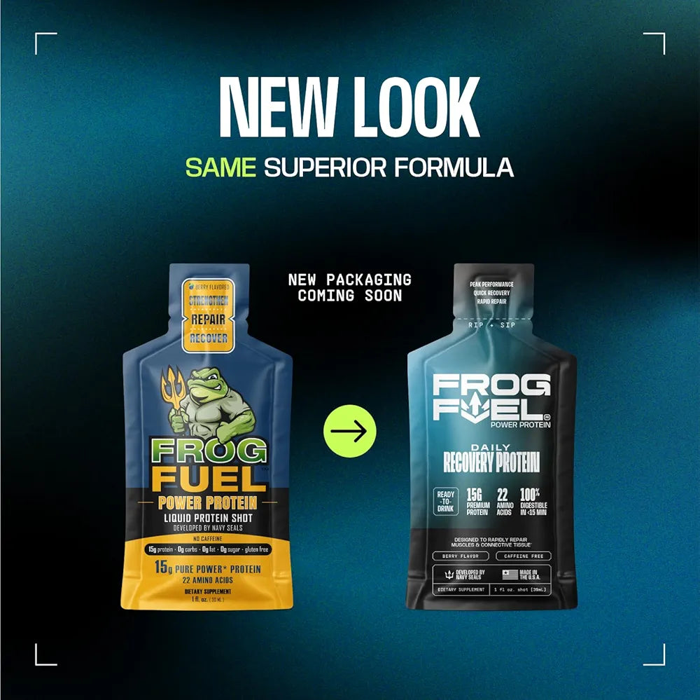 Frog Fuel Power Regular Complete Liquid Protein Shot, 15g, Nano Hydrolyzed & Grass Fed Collagen, Post Workout, Gluten Free, Fat & Sugar Free, 22 Amino Acids, 0 Carbs, Berry, 24 Pack