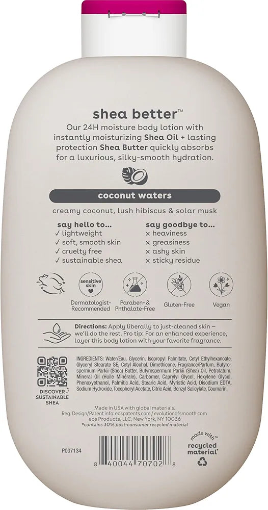 eos Shea Better Coconut Waters Body Lotion - 24-Hour Hydrating, Lightweight, Vegan Skin Care - 16 fl oz