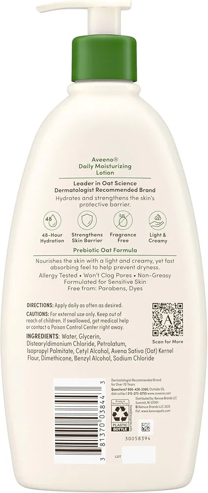 Aveeno Daily Moisturizing Body Lotion with Prebiotic Oat for Normal to Dry Skin, Fragrance-Free, 18 Fl Oz