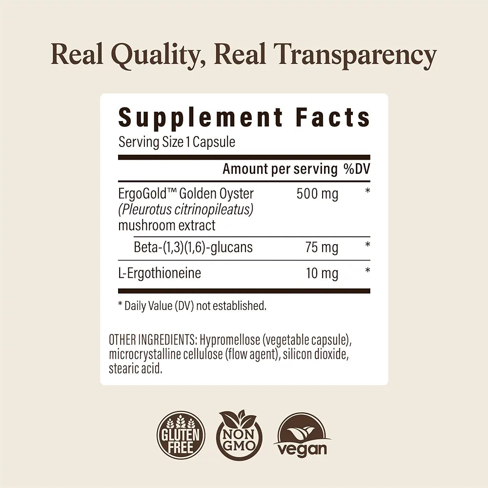 Real Mushrooms Ergothioneine Supplement – Golden Oyster Mushroom with Beta-Glucans – L-Ergothienine Extract Poweder – Organic, Vegan, Non-GMO, No Fillers – 60 Capsules Mushroom Supplement for Humans