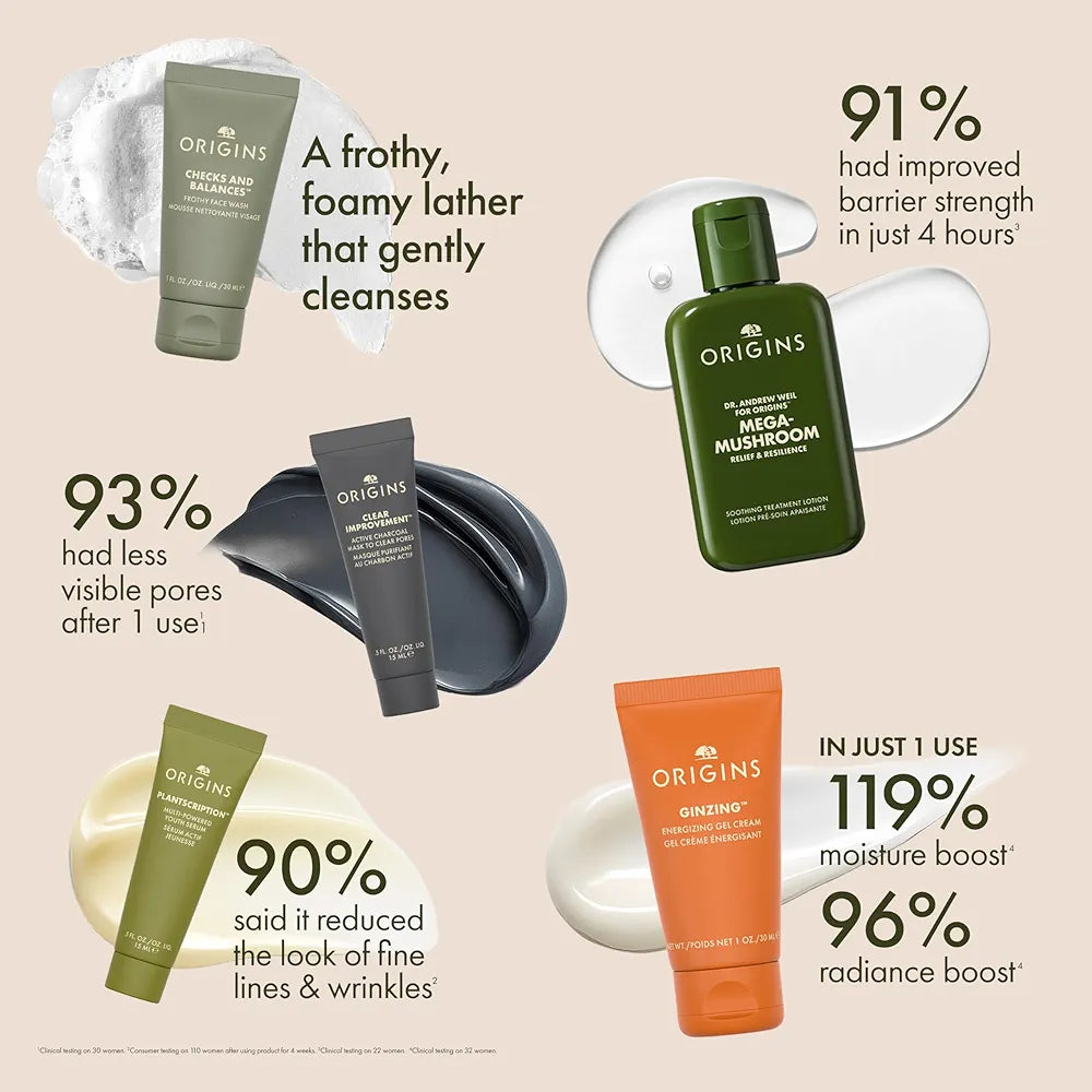 Origins Ultimate Skincare Essentials Set: Cleanser, Mask, Treatment Lotion, Serum, and Moisturizer with Peptides, Hyaluronic Acid, and Niacinamide