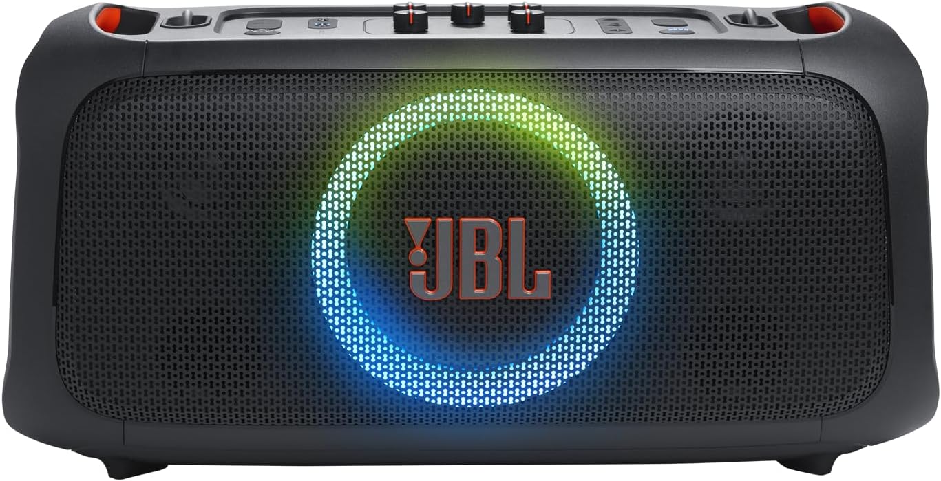 JBL PartyBox On-the-Go Essential - Portable Party Speaker - Black | Amazing JBL Pro Sound, Synched light show, JBL wireless microphone included, IPX4 splashproof protection