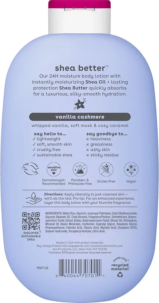 eos Shea Better Body Lotion Vanilla Cashmere, 24-Hour Moisture Skin Care, Lightweight & Non-Greasy, Natural Shea, Vegan, Vanilla Body Lotion, 16 fl oz