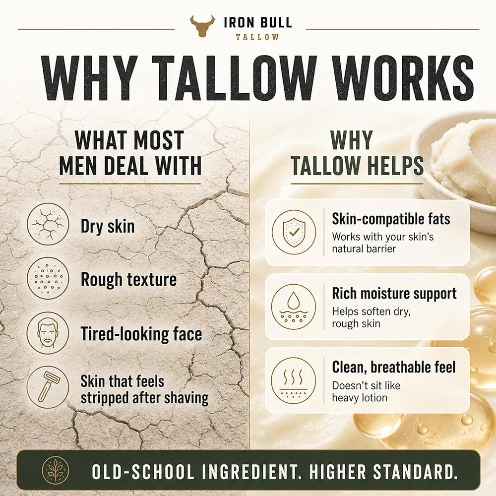 Iron Bull Beef Tallow Face Moisturizer for Men. Anti-Aging With Hyaluronic Acid for Wrinkles. Grass-Fed Beef Tallow Skin Balm & Jojoba Oil for All Skin Types. Natural Formula With a Clean Scent - 2oz