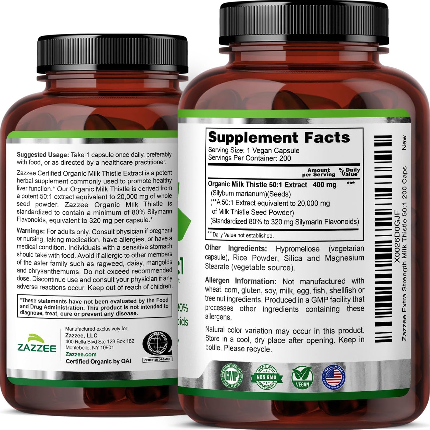 Zazzee USDA Organic Milk Thistle 50:1 Extract, 80% Silymarin Flavonoids, 200 Vegan Capsules, 6+ Month Supply, Silybum Marianum, Liver Support & Detox Support, Organic All-Natural, Non-GMO, Made in USA