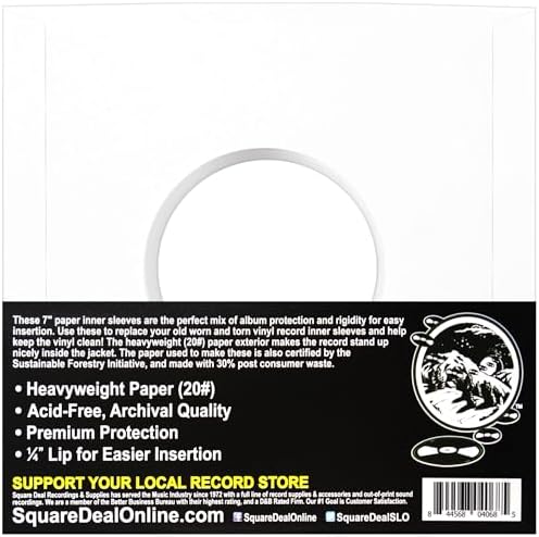 (500) Archival Quality Acid-Free Heavyweight Paper Inner Sleeves for 7 Inch Vinyl Records #07IW