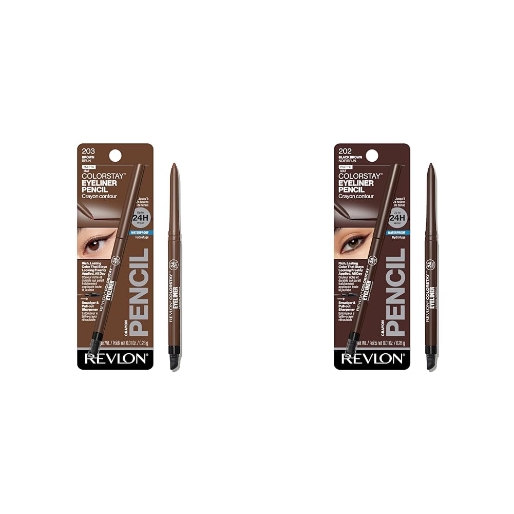 Revlon ColorStay Pencil Waterproof Eyeliner, Smudge-Proof, Eye Makeup with Built-In Sharpener, Long-Lasting, Matte Finish, 202 Black Brown, 0.01 oz | Waterproof pencil eyeliner with built-in sharpener. Smudge-proof, long-lasting, intense matte color.