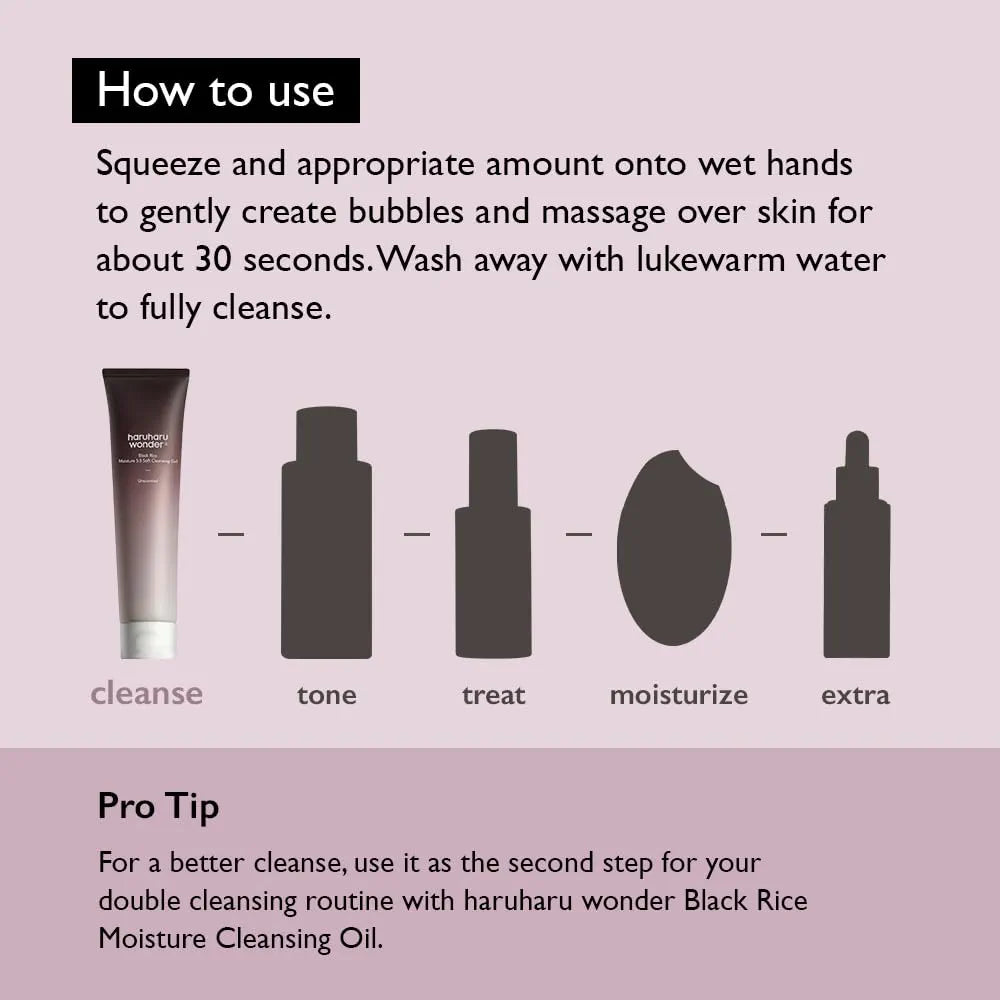 HARUHARU wonder Black Rice Moisture 5.5 Soft Cleansing Gel, Gentle Daily Cleanser, Low 5.5pH, Moisture Balance, Soap Free, For Sensitive Skin, Vegan, Cruelty-Free, 3.4 fl.oz