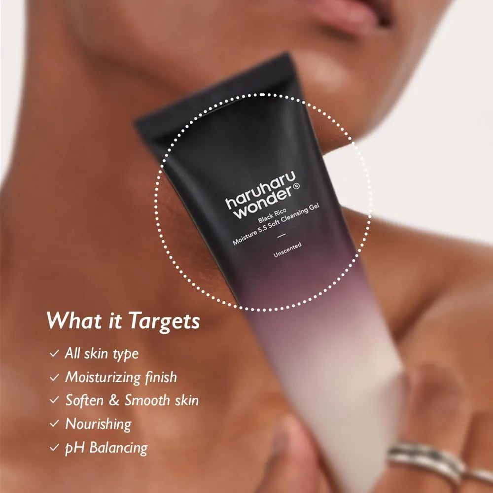 HARUHARU wonder Black Rice Moisture 5.5 Soft Cleansing Gel, Gentle Daily Cleanser, Low 5.5pH, Moisture Balance, Soap Free, For Sensitive Skin, Vegan, Cruelty-Free, 3.4 fl.oz