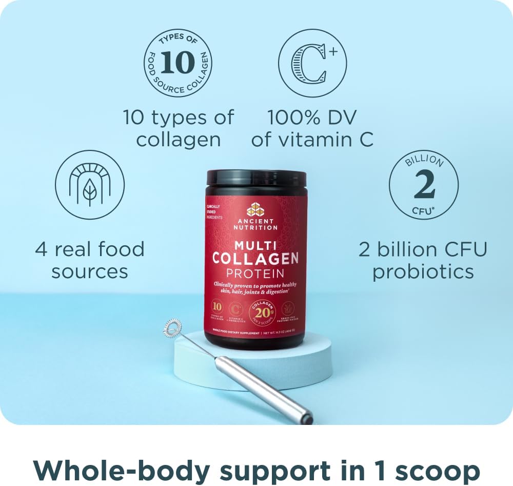 Ancient Nutrition Collagen Peptides Powder, Multi Collagen Protein, Women & Men, Vitamin C, Probiotics, Hydrolyzed Collagen, Supports Skin, Joints, Gut Health, Unflavored (40 Servings)