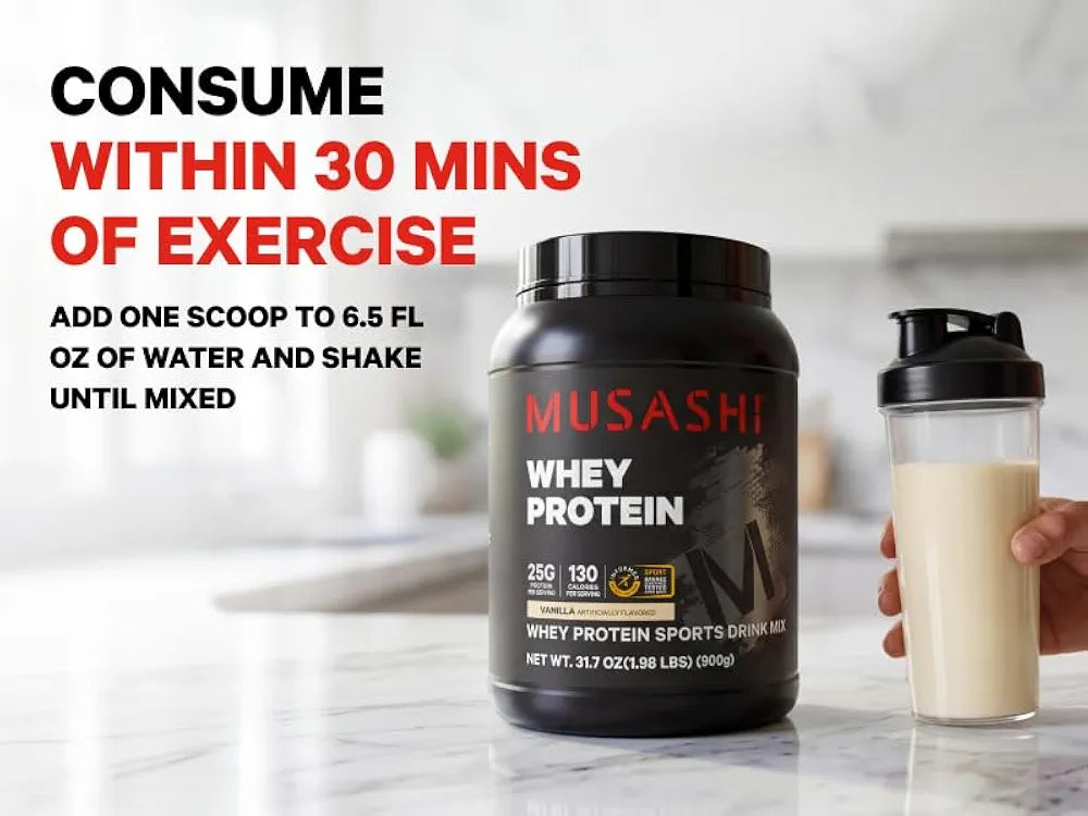 Musashi Whey Protein Powder, Vanilla, 900g , WPC & WPI Blend, 25g Protein, 130 Calories per Serving