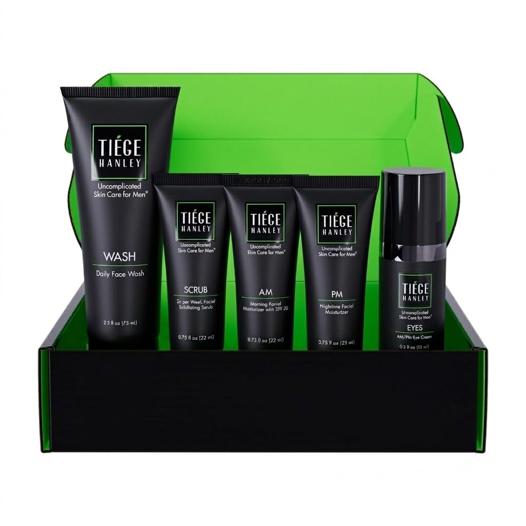 Tiege Hanley Essential Men's Skin Care Set, 30-Day, 4 Piece Kit | Level 1 Essential Routine, Daily Face Wash, Facial Scrub, AM SPF & PM Moisturizers