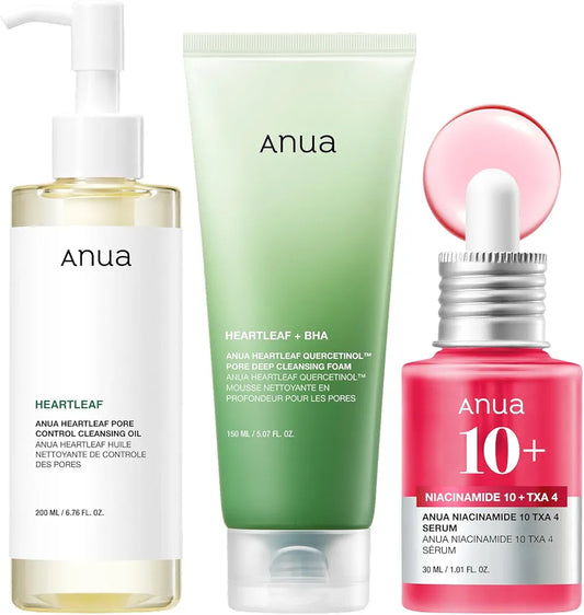 Anua 3-Step Glass Skin Beginner Set, Oil Cleanser and Face Wash with Facial Serum, Double Cleansing Daily Routine with Niacinamide, Korean Skin Care Set