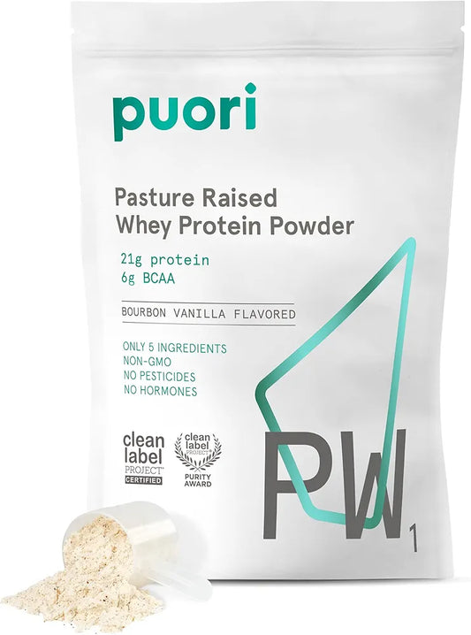 Puori Whey Protein Powder, Bourbon Vanilla - PW1 Pasture-Raised, Grass-Fed Whey Protein Powder Drink Mix containing BCAA Amino Acids - Post-Workout Supplement for Muscle Gain & Recovery - 30 Servings