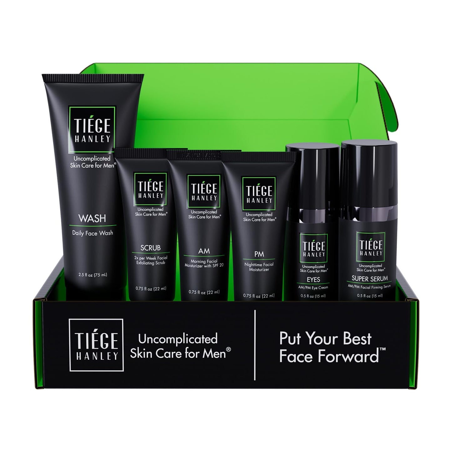 Tiege Hanley Essential Men's Skin Care Set, 30-Day, 4 Piece Kit | Level 1 Essential Routine, Daily Face Wash, Facial Scrub, AM SPF & PM Moisturizers