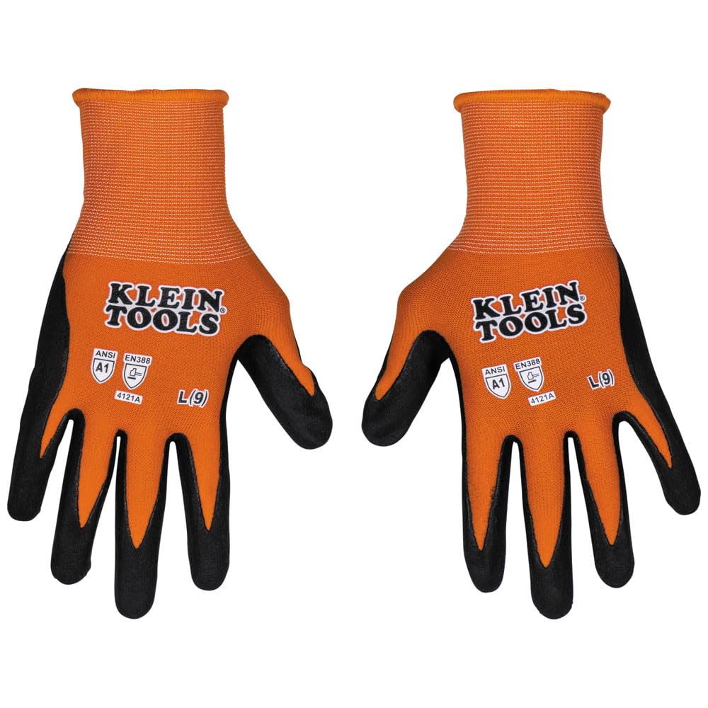 KLEIN TOOLS 60580 Work Gloves, Knit Dipped Cut Resistant ANSI A1 Nitrile Coated Gloves, Nylon-Spandex, Touchscreen Capable, Medium, 2-Pair