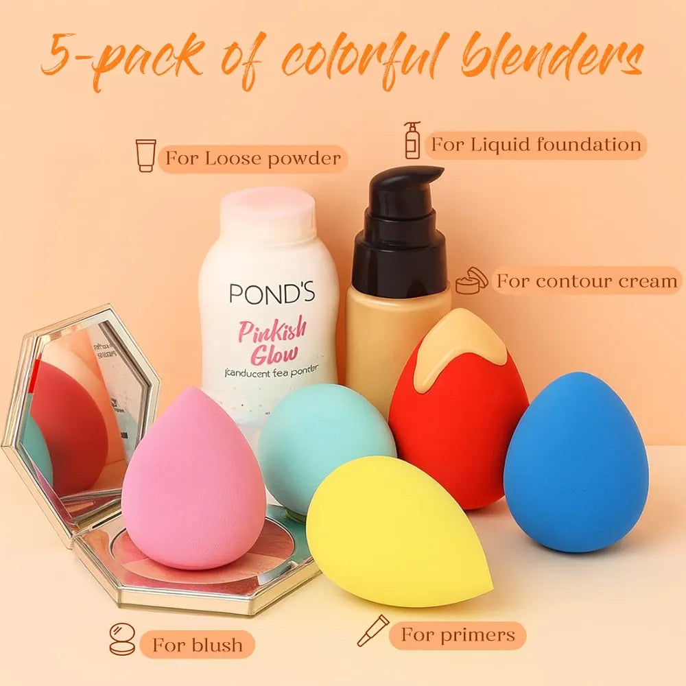 BEAKEY 5-Piece Professional Makeup Sponge Set - Latex-Free, Low-Absorption Beauty Blenders for Liquid, Cream, and Powder Foundation