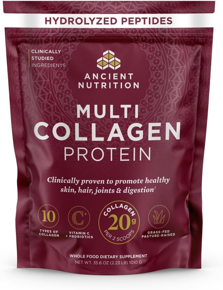 Ancient Nutrition Collagen Peptides Powder, Multi Collagen Protein, Women & Men, Vitamin C, Probiotics, Hydrolyzed Collagen, Supports Skin, Joints, Gut Health, Unflavored (40 Servings)