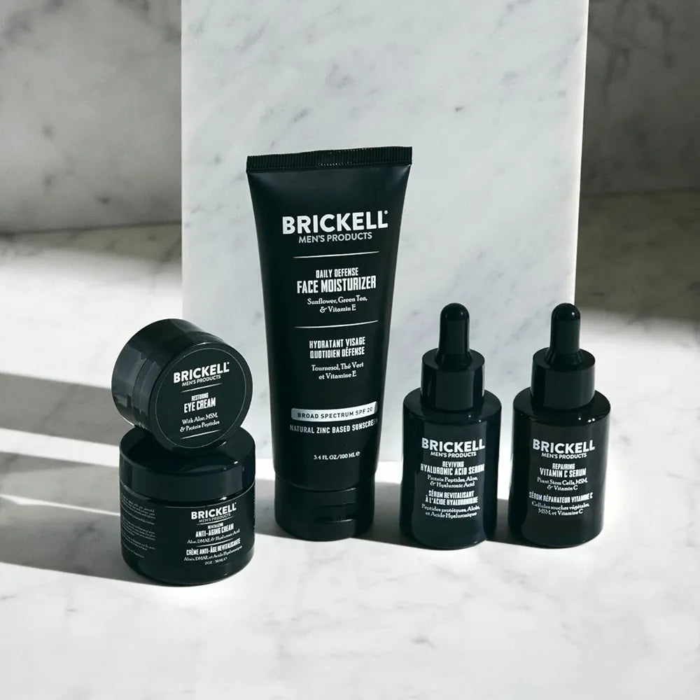 Brickell Men's Complete Defense Anti Aging Routine, Night Face Cream, Day & Night Serum, Facial Moisturizer w/SPF & Eye Cream, With Hyaluronic Acid, Peptides, and Vitamin C, Scented