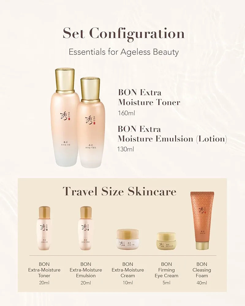 Sooryehan Bon Extra Moisture Korean Skin Care Gift Set  - Luxury Premium High-end by LG Beauty. Hydrating Toner, Emulsion Lotion, Cleansing Foam, Eye Cream.