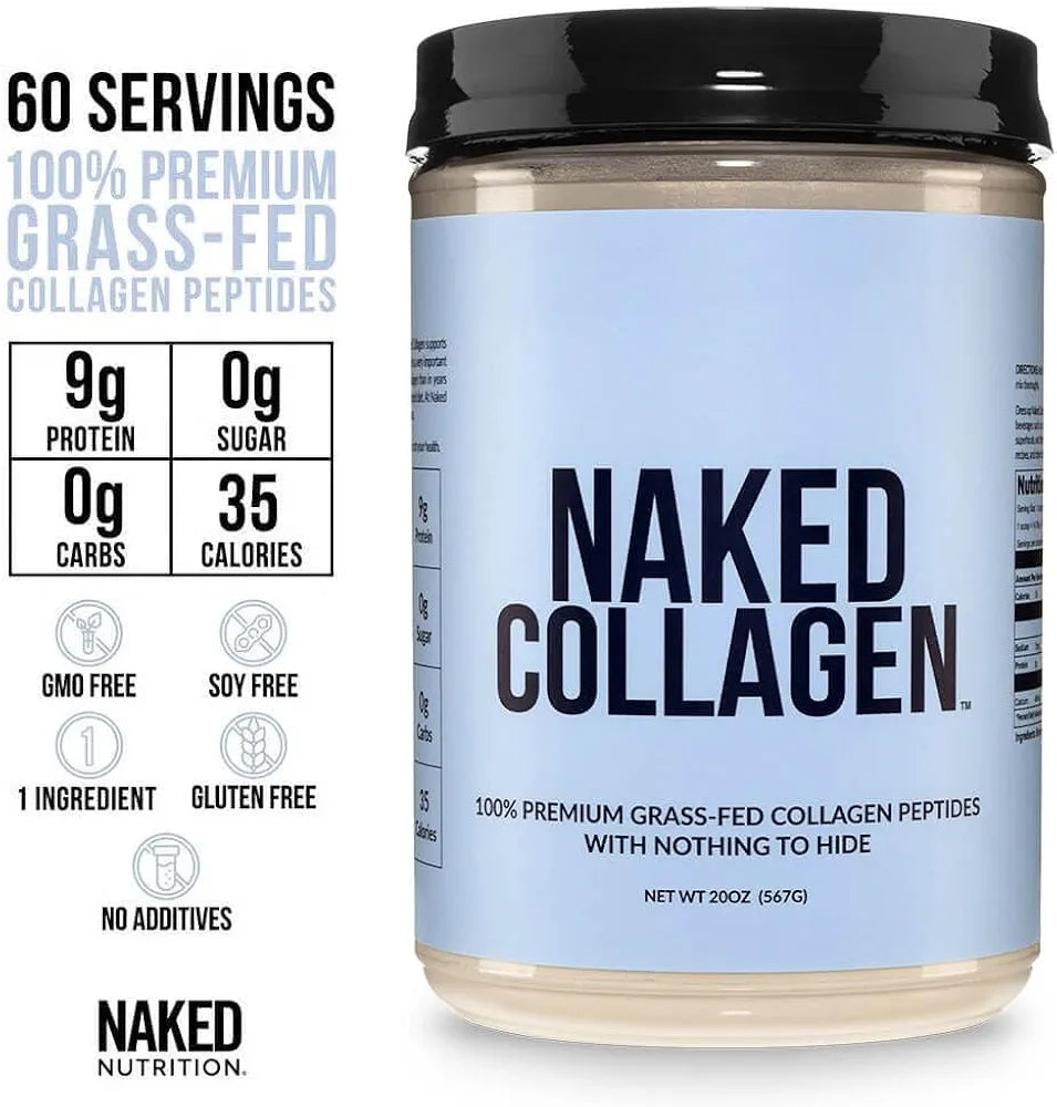 NAKED Collagen Peptides Protein Powder, 60 Servings, Pasture-Raised, Unflavored Grass-Fed Hydrolyzed Collagen Supplement, NSF Certified, Paleo Friendly, Non-GMO, Keto, Gluten Free, 20oz