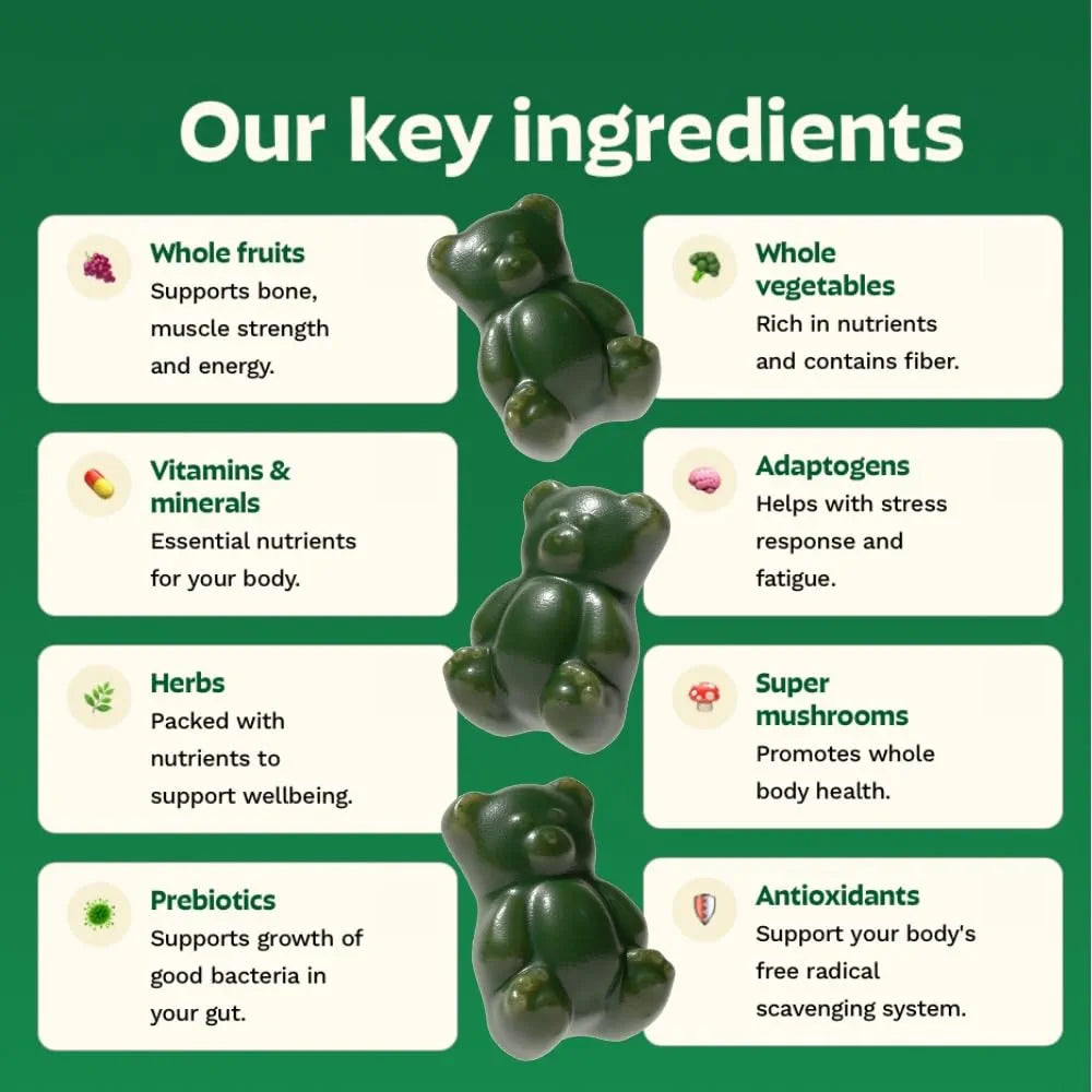 Gruns Adults Super Greens Gummies, Multivitamin Superfood Gummy Bears, Spirulina, Chlorella, Prebiotics & Fiber Gummies for Digestive Health, Adaptogens Supplement, 20 Vitamins & Minerals, 10 Count