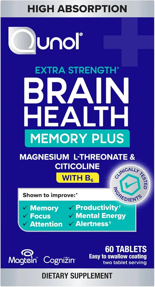 Qunol Brain Health Memory Plus with B6, Magnesium L-Threonate & Citicoline, Clinically Tested Ingredients to Improve Memory, Focus, Attention and Productivity, 60 Count 