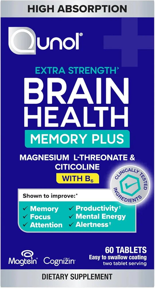 Qunol Brain Health Memory Plus with B6, Magnesium L-Threonate & Citicoline, Clinically Tested Ingredients to Improve Memory, Focus, Attention and Productivity, 60 Count 