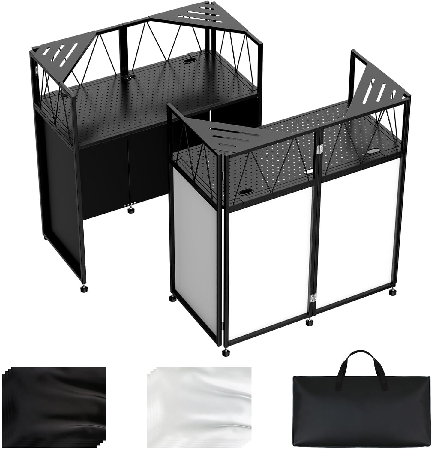 Portable DJ Booth Facade Stand, DJ Table Stand, DJ Facade Booth with White & Black Scrims, Includes Carry Bag & Two Top Corners Table, Tool-Free Setup, for Parties, Events, Studios (40"L x 20"W)