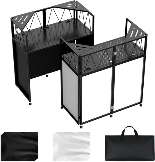 Portable DJ Booth Facade Stand, DJ Table Stand, DJ Facade Booth with White & Black Scrims, Includes Carry Bag & Two Top Corners Table, Tool-Free Setup, for Parties, Events, Studios (40"L x 20"W)