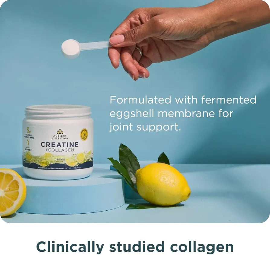 Ancient Nutrition Creatine + Collagen + Electrolytes – Muscle Strength, Lean Body Mass, Joint Comfort & Cognitive Support – Includes 5g Creatine Monohydrate for Women, Lemon 