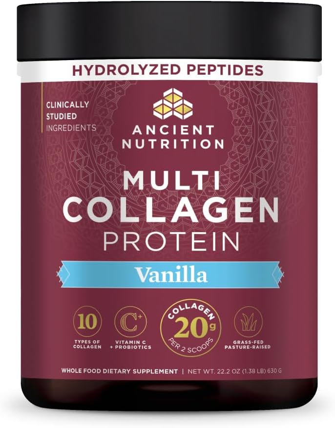 Ancient Nutrition Collagen Peptides Powder, Multi Collagen Protein, Women & Men, Vitamin C, Probiotics, Hydrolyzed Collagen, Supports Skin, Joints, Gut Health, Unflavored (40 Servings)