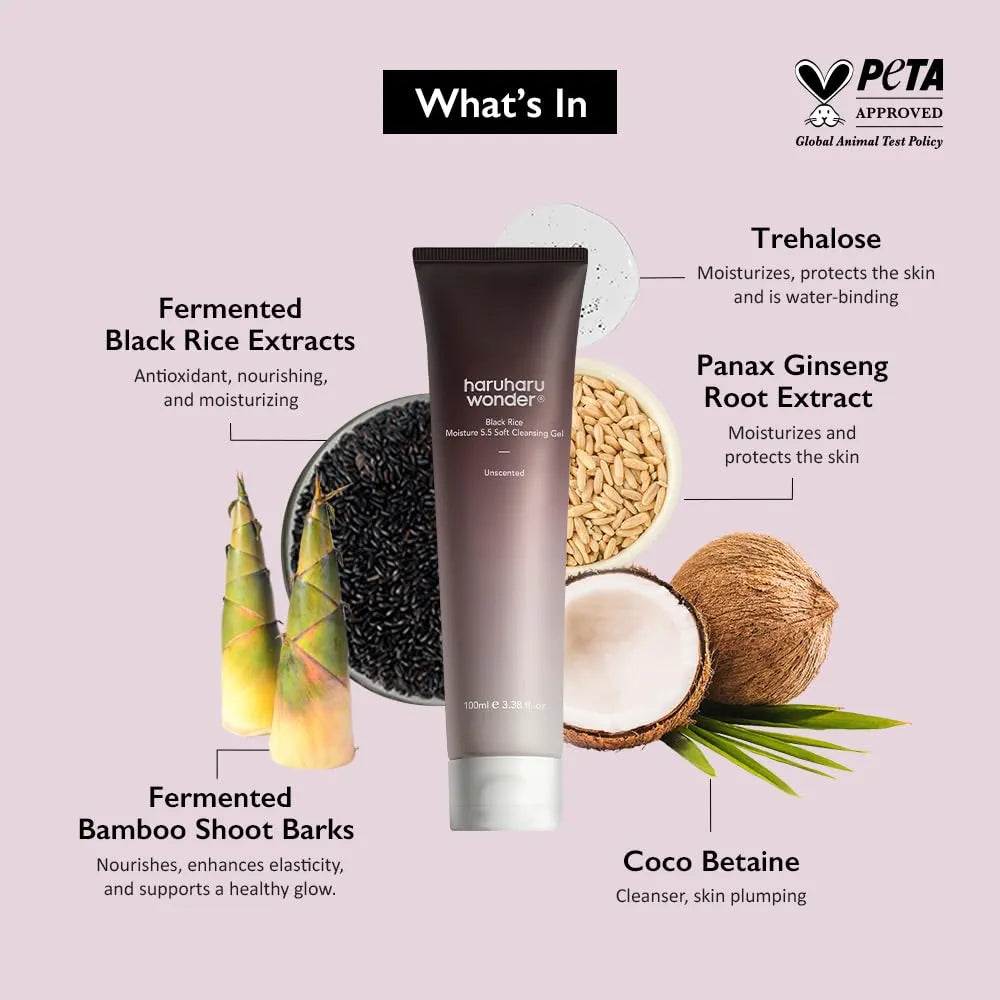 HARUHARU wonder Black Rice Moisture 5.5 Soft Cleansing Gel, Gentle Daily Cleanser, Low 5.5pH, Moisture Balance, Soap Free, For Sensitive Skin, Vegan, Cruelty-Free, 3.4 fl.oz
