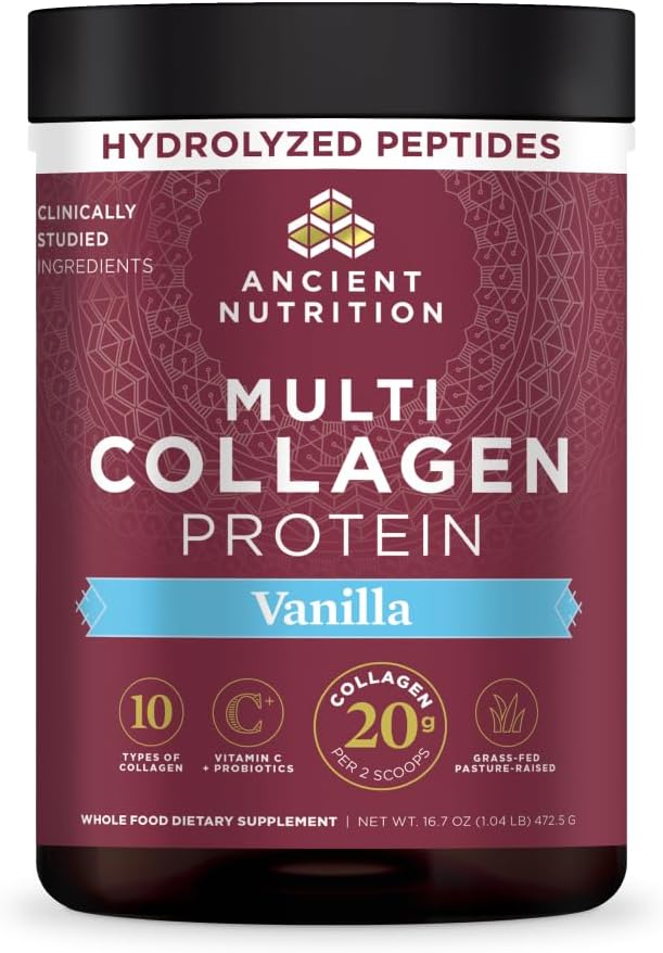 Ancient Nutrition Collagen Peptides Powder, Multi Collagen Protein, Women & Men, Vitamin C, Probiotics, Hydrolyzed Collagen, Supports Skin, Joints, Gut Health, Unflavored (40 Servings)