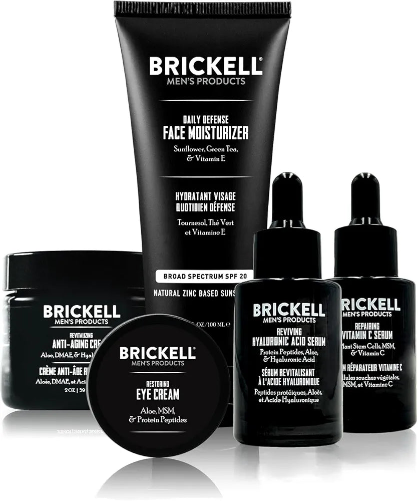 Brickell Men's Complete Defense Anti Aging Routine, Night Face Cream, Day & Night Serum, Facial Moisturizer w/SPF & Eye Cream, With Hyaluronic Acid, Peptides, and Vitamin C, Scented