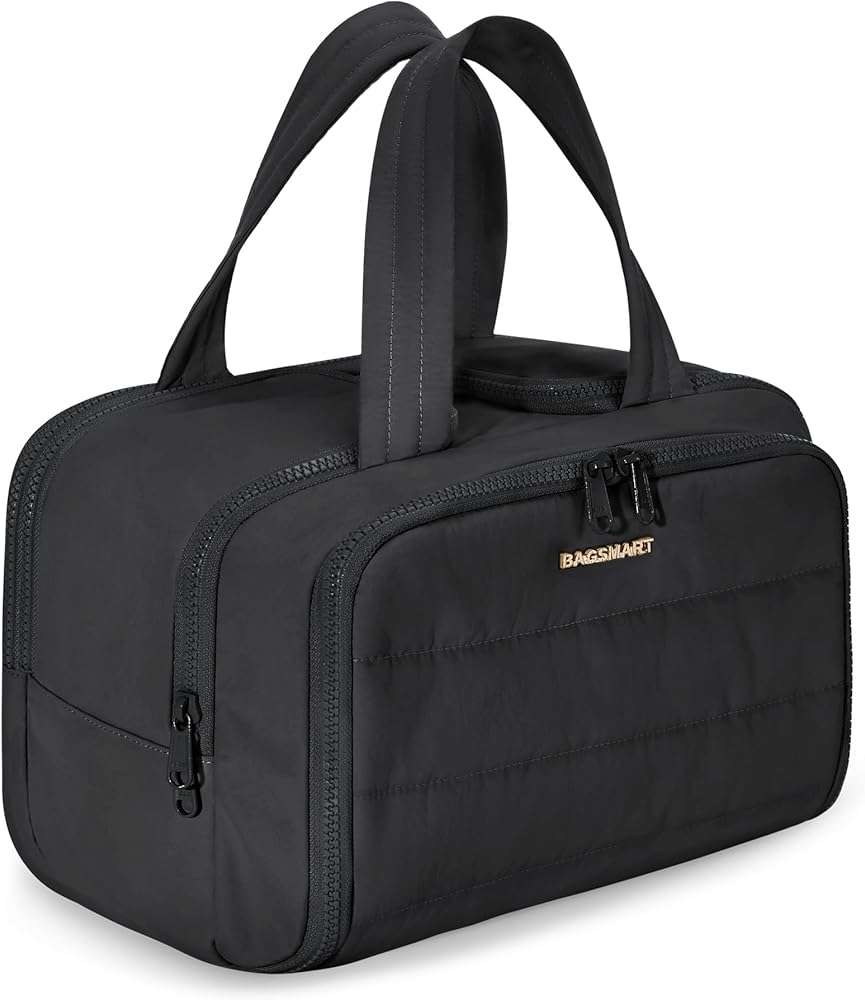 BAGSMART Large Puffy Travel Toiletry and Cosmetic Organizer Bag with Handle, Black