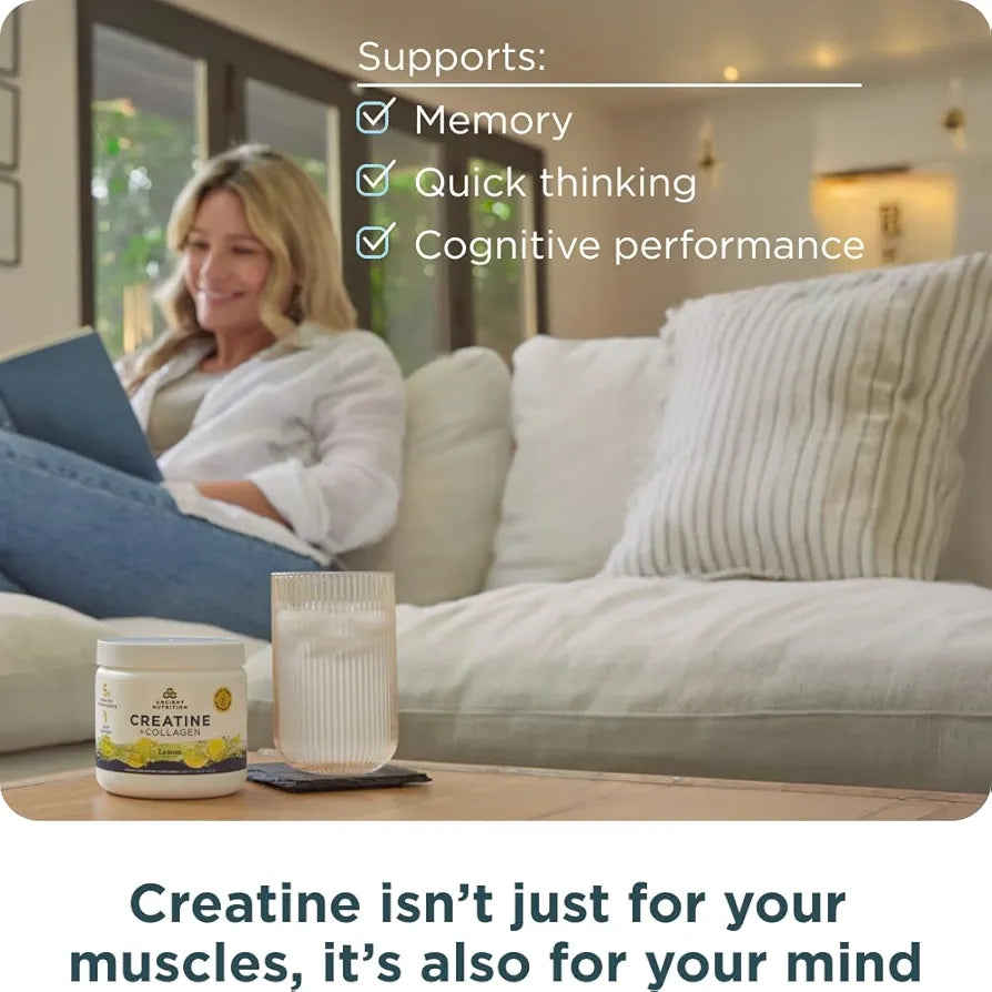 Ancient Nutrition Creatine + Collagen + Electrolytes – Muscle Strength, Lean Body Mass, Joint Comfort & Cognitive Support – Includes 5g Creatine Monohydrate for Women, Lemon 