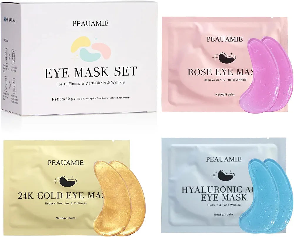 PEAUAMIE 24K Gold and Hyaluronic Acid Under Eye Patches for Dark Circles, Puffiness, and Wrinkles - 30 Pairs