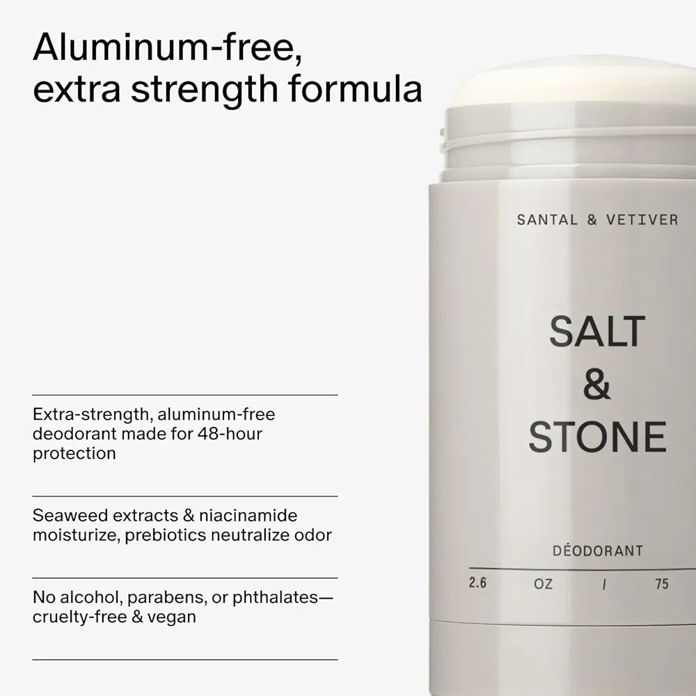Salt & Stone Aluminum Free Deodorant | Extra Strength 48 Hour Protection for Women & Men | Made with Seaweed Extracts, Niacinamide & Prebiotics | Santal & Vetiver