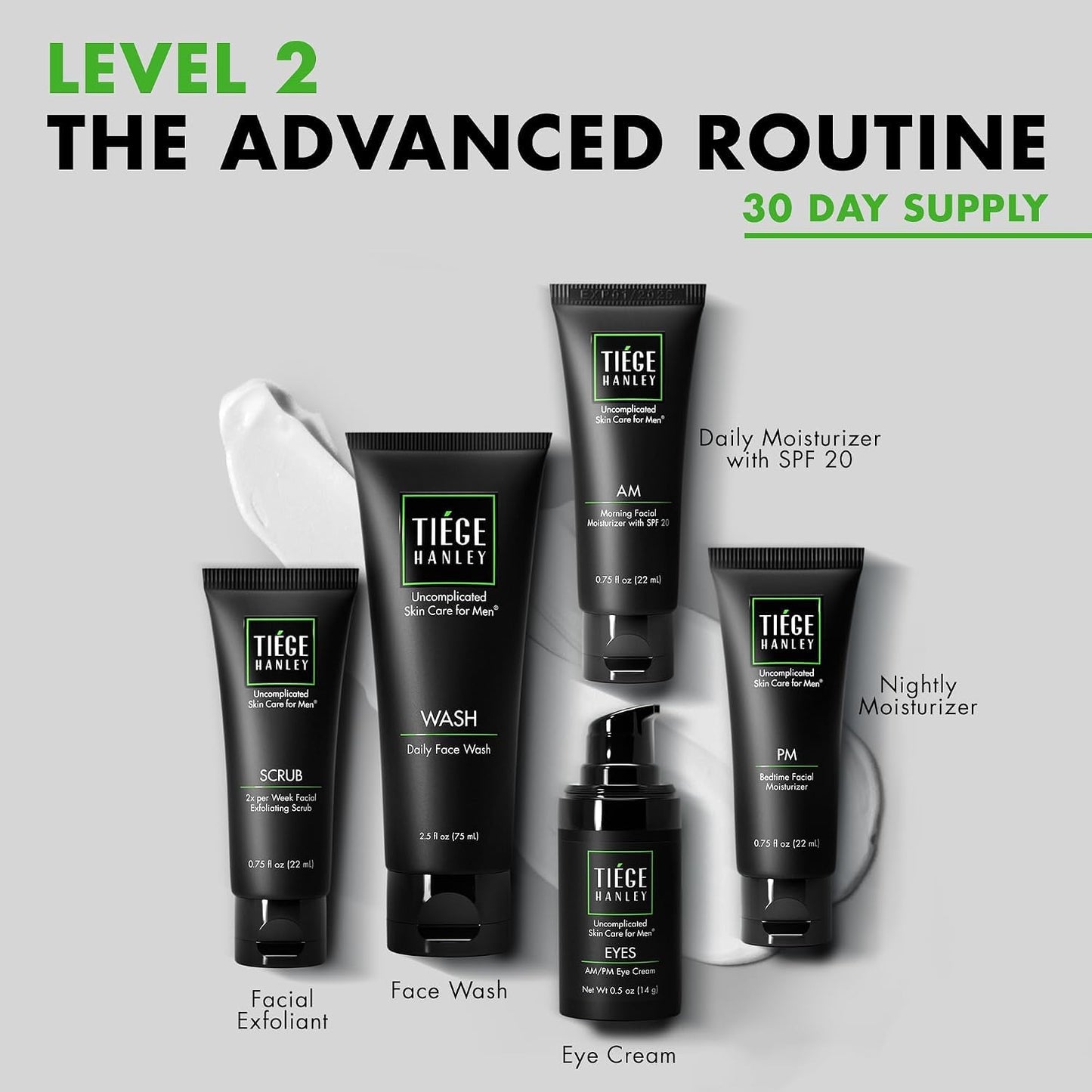 Tiege Hanley Essential Men's Skin Care Set, 30-Day, 4 Piece Kit | Level 1 Essential Routine, Daily Face Wash, Facial Scrub, AM SPF & PM Moisturizers