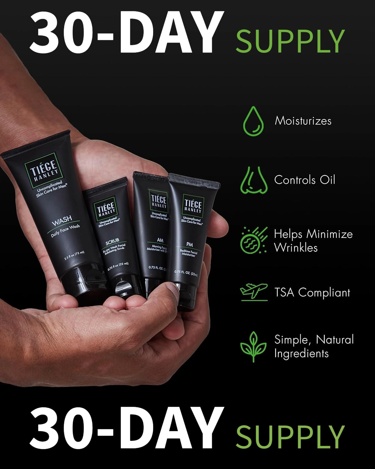 Tiege Hanley Essential Men's Skin Care Set, 30-Day, 4 Piece Kit | Level 1 Essential Routine, Daily Face Wash, Facial Scrub, AM SPF & PM Moisturizers