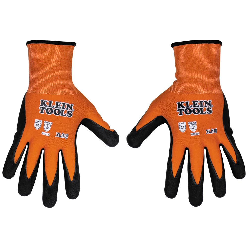 KLEIN TOOLS 60580 Work Gloves, Knit Dipped Cut Resistant ANSI A1 Nitrile Coated Gloves, Nylon-Spandex, Touchscreen Capable, Medium, 2-Pair